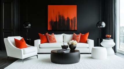 Modern living room with white furniture, orange pillows, and black accents