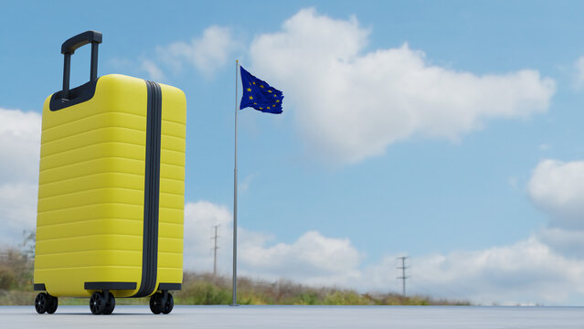 Yellow Suitcase With The Flag of EU