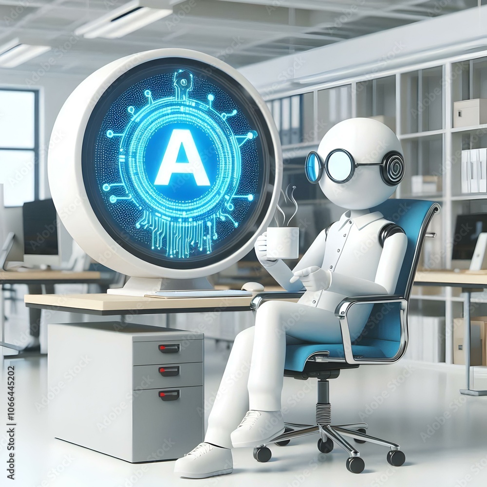 Poster 3d employee using ai powered device in modern office relaxed environment, natural shot of employee i