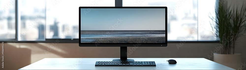 Aufkleber glossy desktop monitor keyboard plain background ample copy space remote work setup stationery camer
