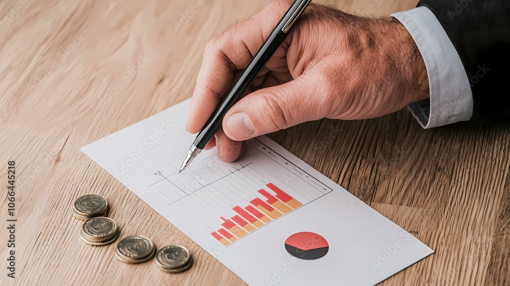 Poster a man's hand in a suit is writing on a paper with a bar graph and a pie chart, next to a group of go