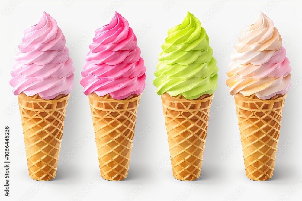 Poster colorful soft serve ice cream cones arranged in a row on a plain background