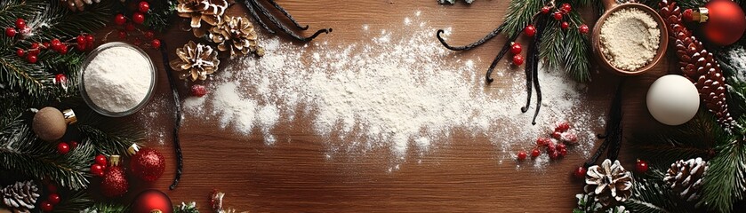 Festive Baking Ingredients with Christmas Decorations on Wooden Background
