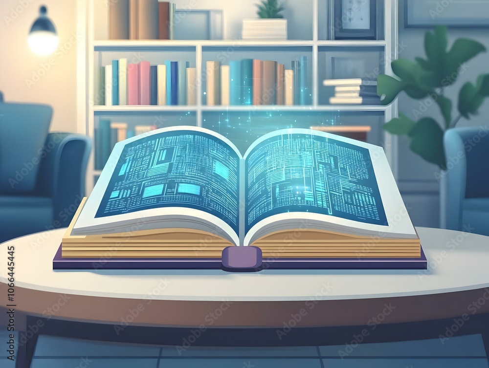 Poster futuristic book with holographic pages on coffee table close up | flat macro shot of tech-driven lit