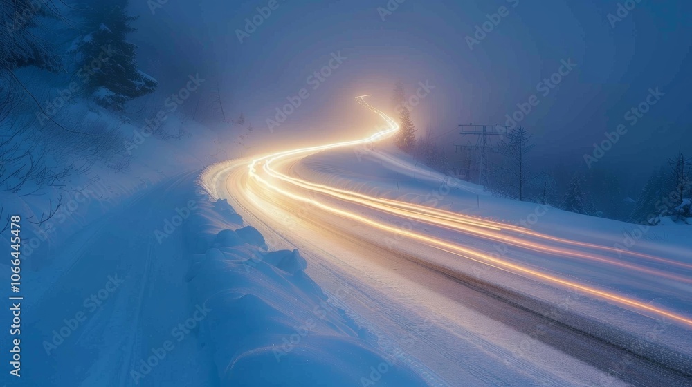 Poster the smooth pristine surface of snow is disturbed by the bright streaks of car light trails creating 
