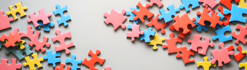 Family Puzzle Pieces Scattered on Plain Background - Brightly Colored Pieces with Space for Copy - Perfect for Teamwork, Problem Solving, Family Bonding Activities Photo Stock Concept