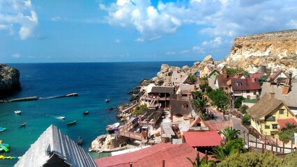Naklejka premium Top view of Malta's Popeye Village (Sweethaven Village)