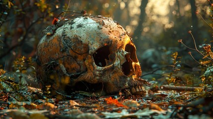 A Human Skull Resting Amongst Fallen Leaves in a Forest