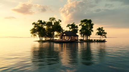 A Small Wooden Cabin on a Tiny Island in a Calm Lake at Sunset