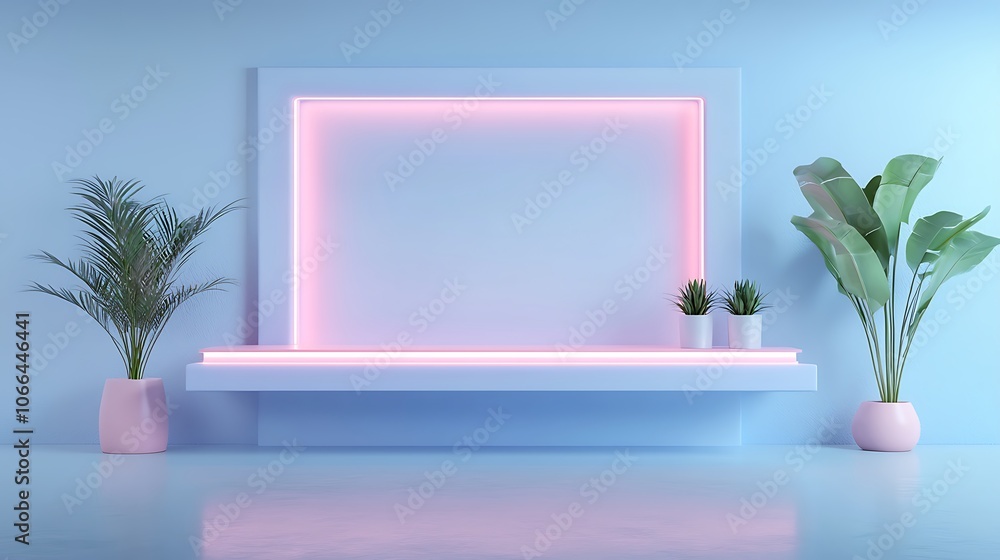 Poster create an inviting modern minimalist display with stylish plants and soft neon lighting