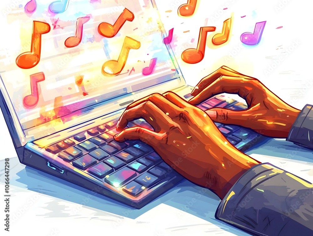 Poster flat person typing on keyboard with bokeh lights musical notes close-up shot hands on keyboard, work