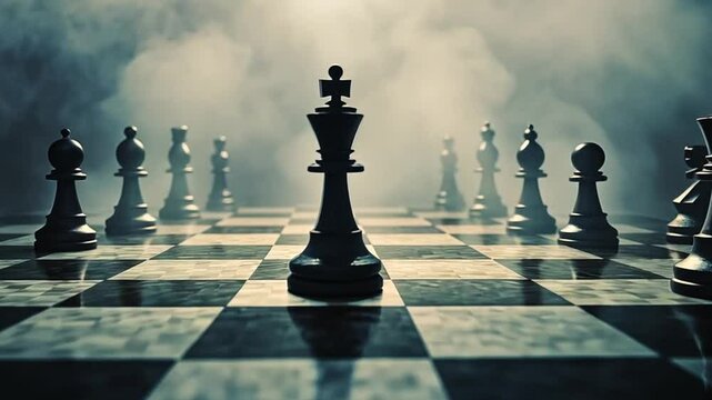 A dramatic chess scene with a foggy atmosphere, highlighting the king piece on the board.