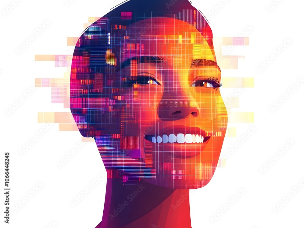 Poster flat close-up of smiling face illuminated by holographic displays in futuristic home office setting 