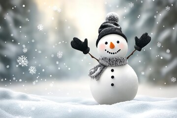 Cute cartoon snowman waving in snowy winter landscape with falling snowflakes, Christmas joy, and festive atmosphere.