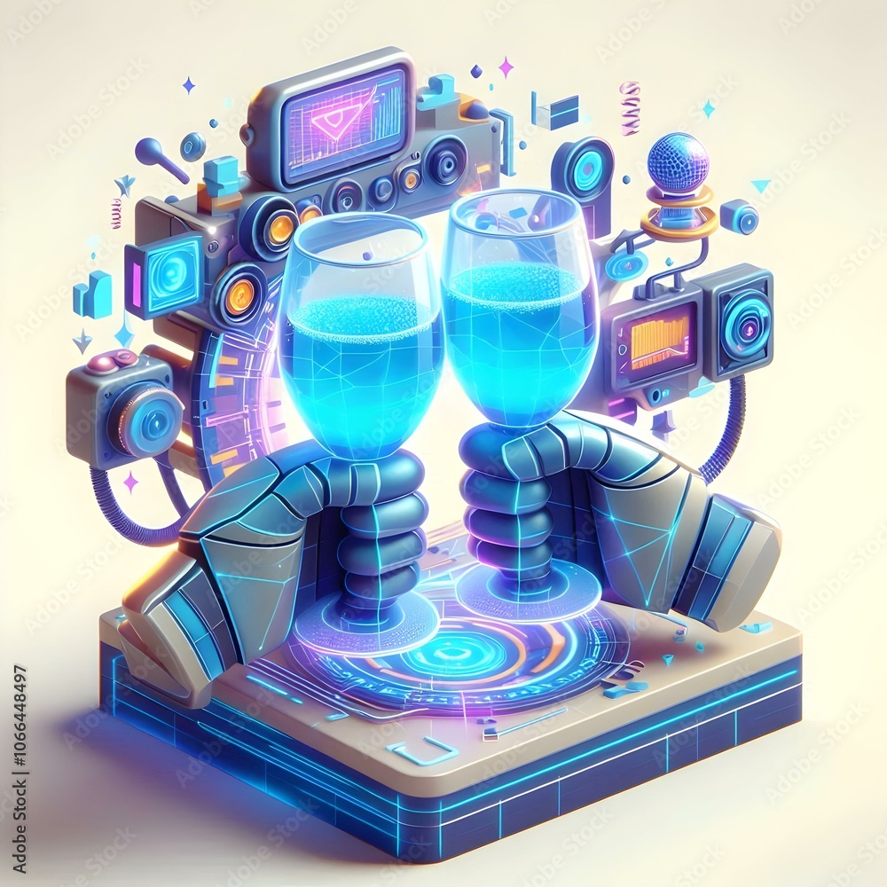 Poster 3d futuristic virtual toast close up macro holographic glasses clinking high tech environment camera