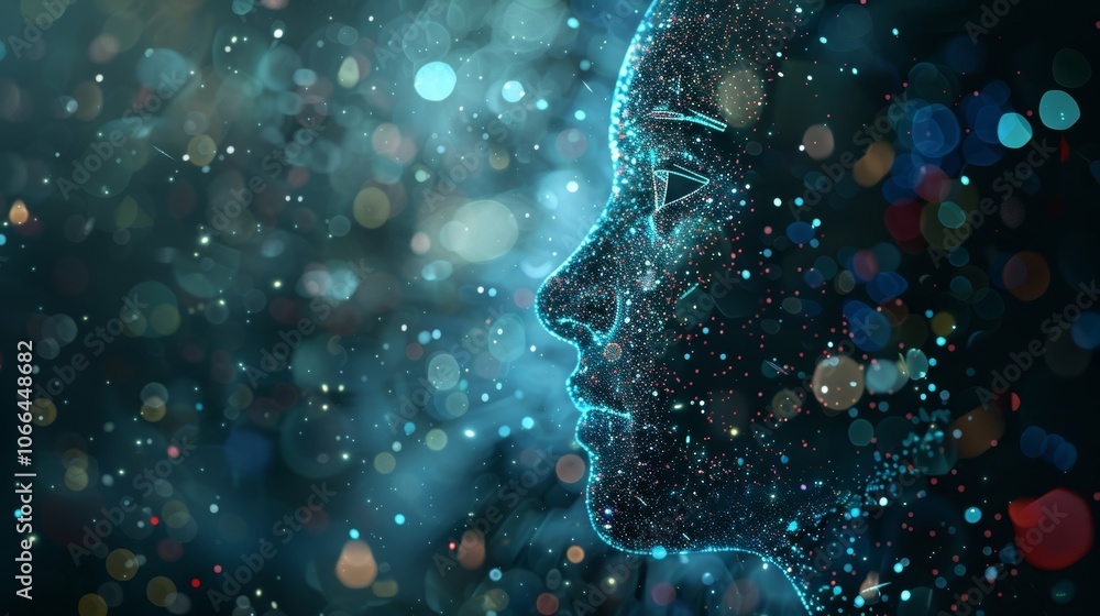 Poster digital human face forming from data particles flowing in cyberspace, representing artificial intell