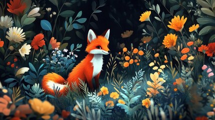 A red fox sits amidst a colorful field of flowers and greenery, bathed in soft light.