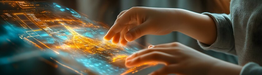 Macro Image Parent Child Holographic App Plan Virtual Family Trip Futuristic Collaboration Excitement Family Travel Tech Gadgets Interactive Planning Tools Photo Stock Concept