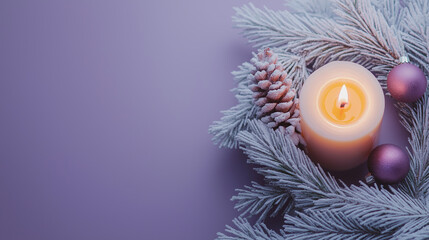 First advent with a burning candle on a wreath of white painted wood, fir branches, and Christmas decorations against a purple-grey background, Place for your text