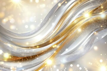 A festive abstract New Year's Eve banner with flowing gold and silver strokes, glowing light bursts, and soft bokeh effects.