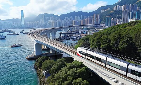 MTR crossing bridge in Tsuen Wan, Hong Kong; aerial view