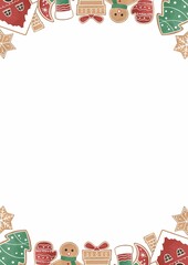 Christmas frame with festive decorations like holly, snowflakes, ornaments, and pine branches, perfect for holiday cards and invitations. Bright, cheerful, red and green theme, ideal for seasonal cele