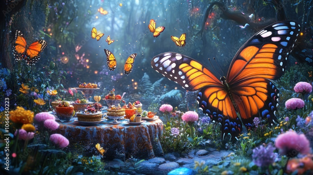 Poster a magical forest setting with a table laden with desserts, surrounded by vibrant flowers and flutter