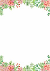 Christmas frame with festive decorations like holly, snowflakes, ornaments, and pine branches, perfect for holiday cards and invitations. Bright, cheerful, red and green theme, ideal for seasonal cele