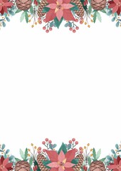 Christmas frame with festive decorations like holly, snowflakes, ornaments, and pine branches, perfect for holiday cards and invitations. Bright, cheerful, red and green theme, ideal for seasonal cele