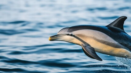 A playful dolphin leaps gracefully above the shimmering water, showcasing its agility and beauty in a serene aquatic environment.