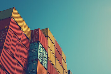 Fototapeta premium Stacked shipping containers against clear blue sky showcase efficient cargo management at a bustling port