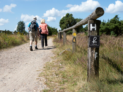 Senioren Paar - Wandern in der L&uuml;neburger Heide - Heideschleife Rundwanderwege