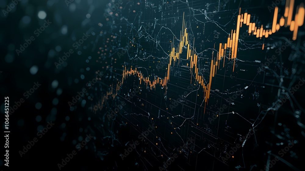Poster the image shows a graph with orange lines and a blue background. the graph is a candlestick chart, a