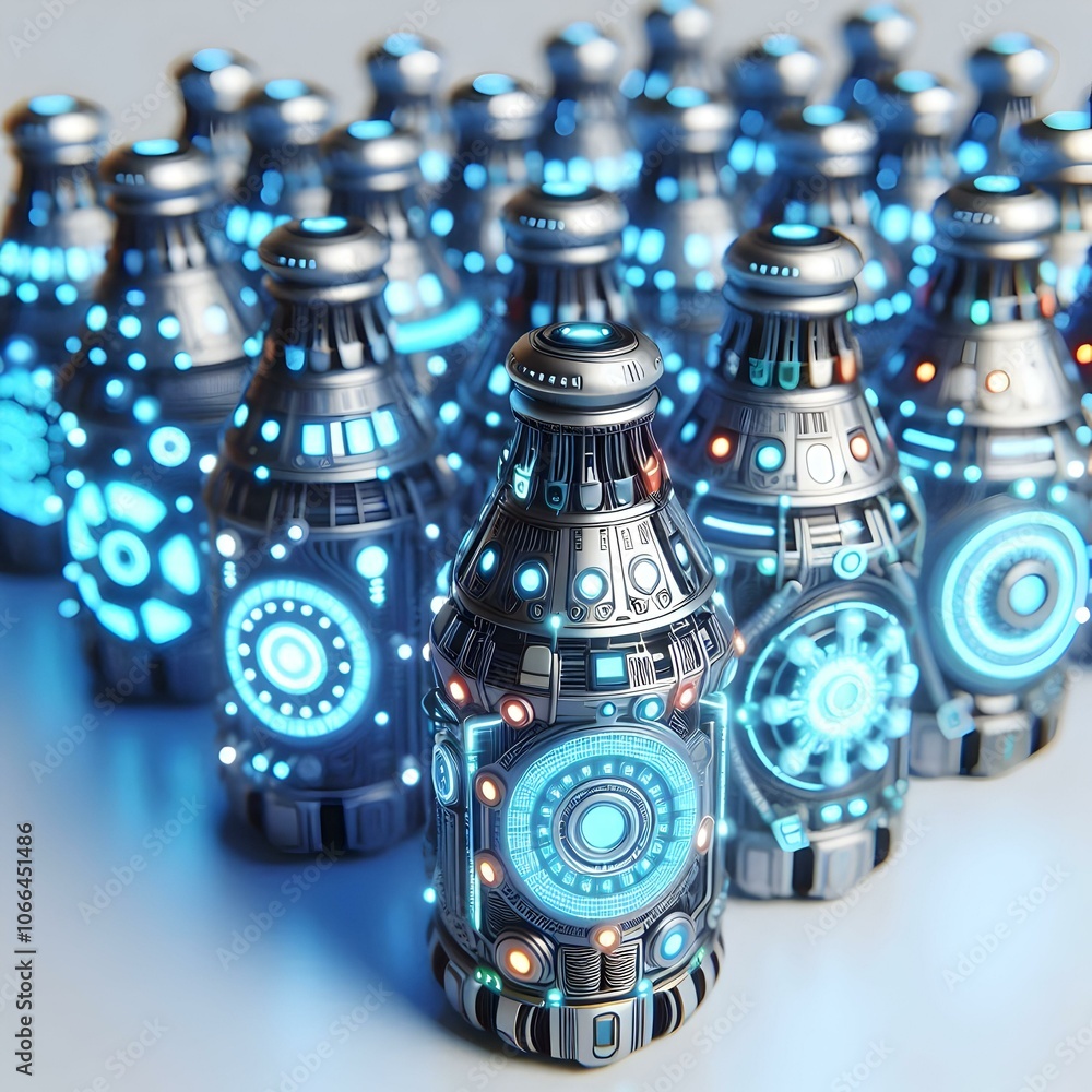 Poster 3d futuristic led light bottles concept close up macro glowing lights celebratory display intricate 
