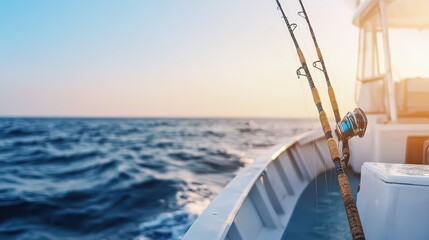 Fototapeta premium A serene view of fishing rods on a boat at sunset, capturing the essence of tranquil ocean adventures and a peaceful atmosphere.