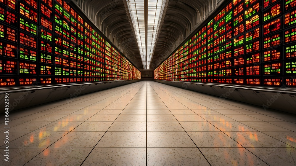 Poster a long corridor with a vaulted ceiling is lined on both sides by rows of flashing digital displays, 
