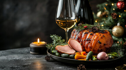 Glazed roast ham with cloves, sparkling wine and traditional vegetables dishes for Christmas dinner.