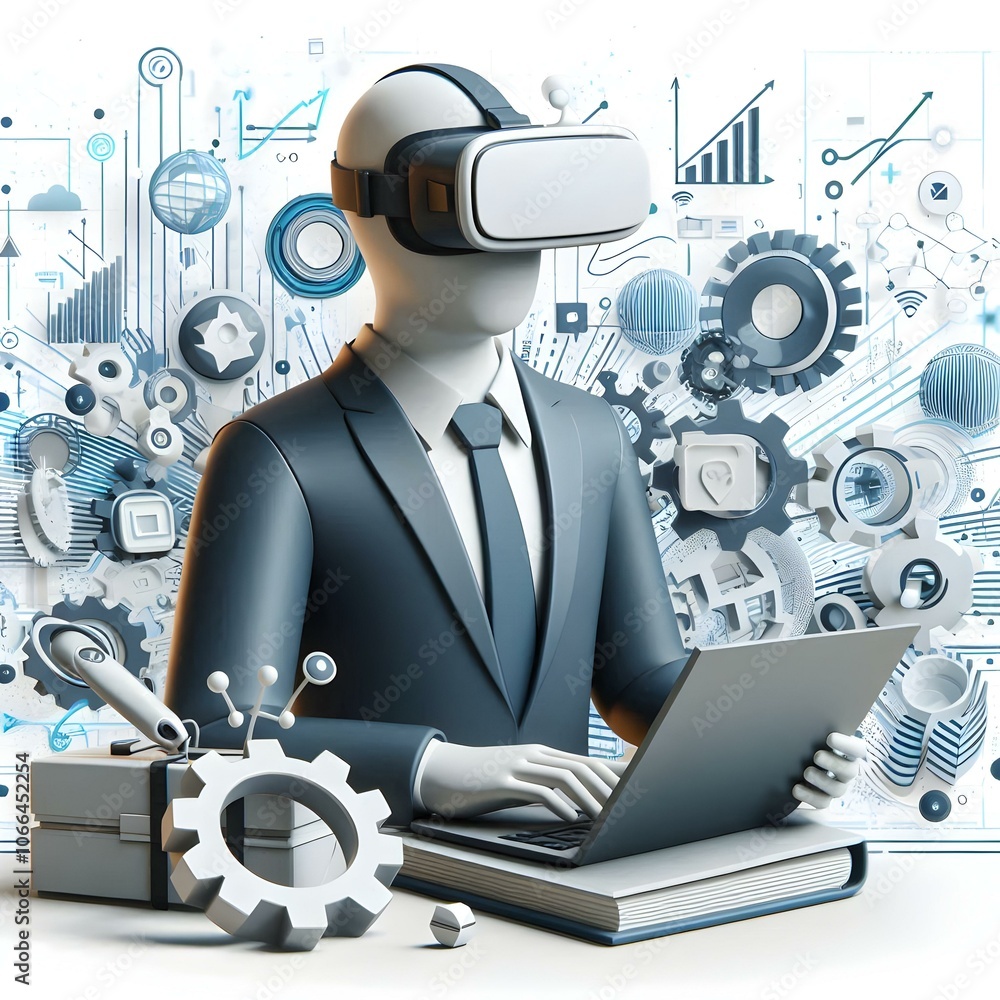 Poster 3d virtual reality goggles business setting abstract digital elements professional immersive technol