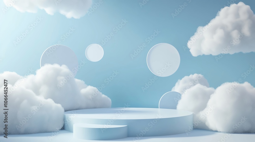 Poster a serene and minimalistic stage design featuring soft clouds and light blue background for creative 
