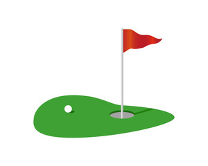  Golf icon. Golf green field and flying red flag, white ball. Stock Vector