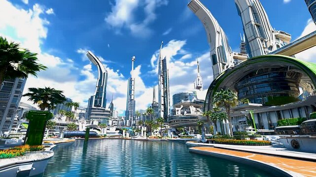Futuristic Waterfront City with High-Tech Skyscrapers, Eco-Friendly Design, and Lush Greenery, Showcasing a Visionary Utopia and Sustainable Urban Living Under a Clear Blue Sky