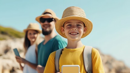 Cheerful child in yellow shirt smiles while holding smartphone, enjoying a sunny day with family on a beach outing.