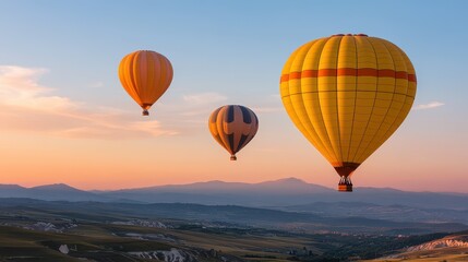 Obraz premium Stunning hot air balloons soaring in the sky at sunset, showcasing vibrant colors against a breathtaking landscape.
