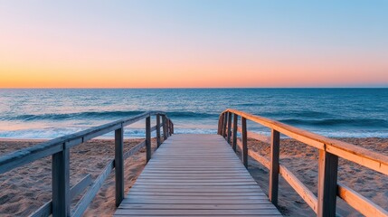 Fototapeta premium Serene beach scene at sunset, featuring a wooden walkway leading to gentle waves under a colorful sky.