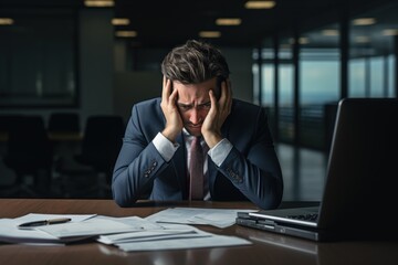Stressed Businessman Struggles to Manage Workload in Modern Office