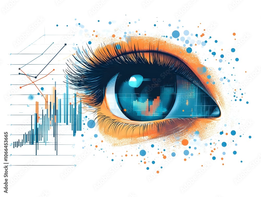 Poster flat macro eye reflection holographic data charts close up remote work happiness advanced technology
