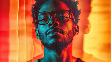 A bold studio portrait of a man with a colorful background and artistic expression.