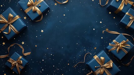 A beautifully arranged set of dark blue gift boxes with golden ribbons on a starry background, creating a feeling of celebration and joy.