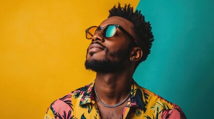 A bold studio portrait of a man with a colorful background and artistic expression.