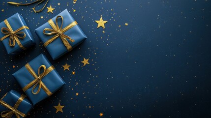 A stylish arrangement of blue gift boxes adorned with golden bows, scattered with small golden stars on a dark surface.